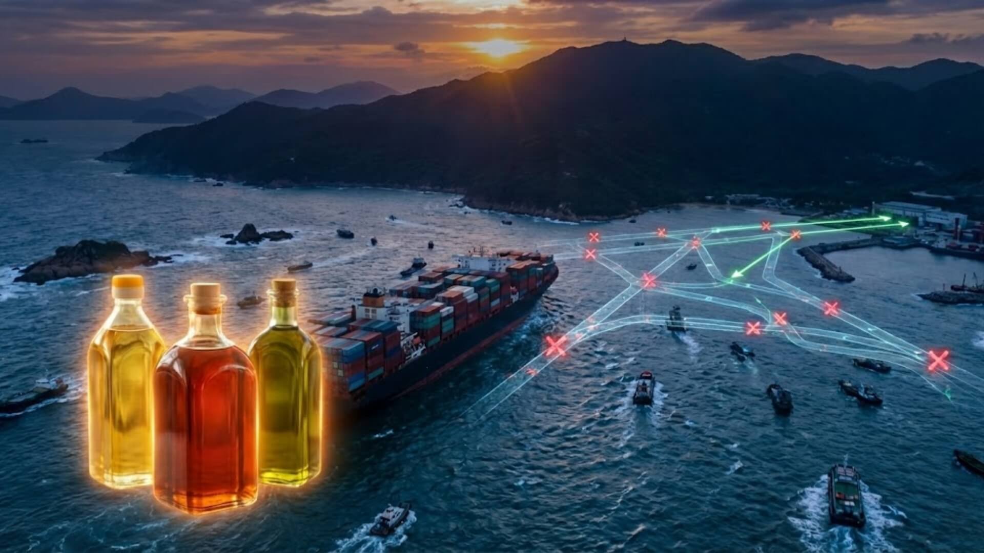 Container ship navigating global shipping crisis affecting edible oil trade